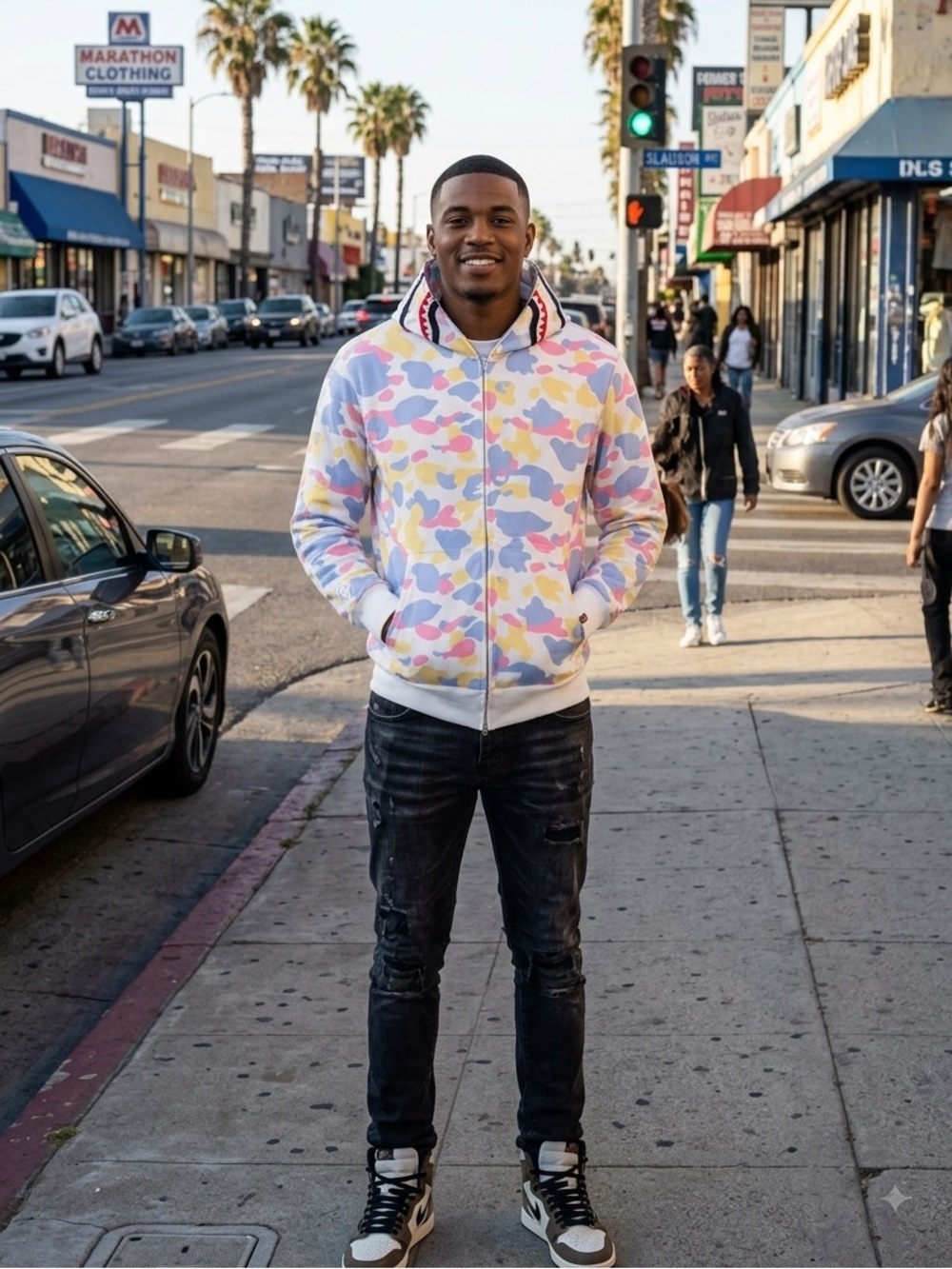 White hoodie with multi color pastel camo design